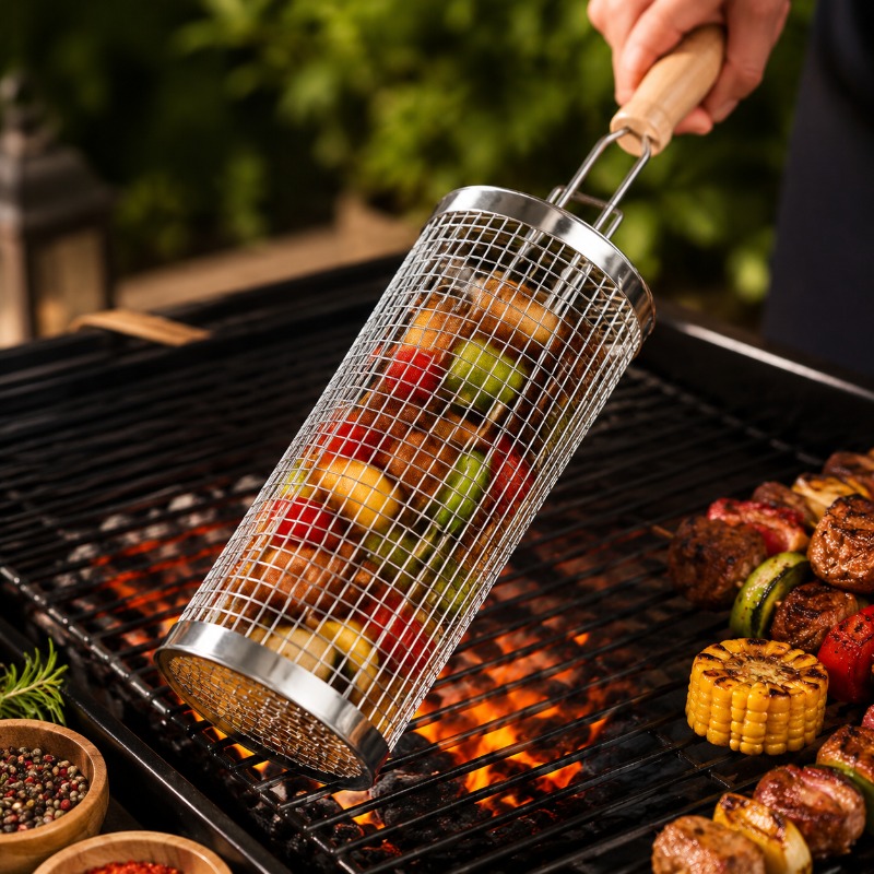 Camping Cooking Griddle - Round Barbecue Grill Basket Set Stainless